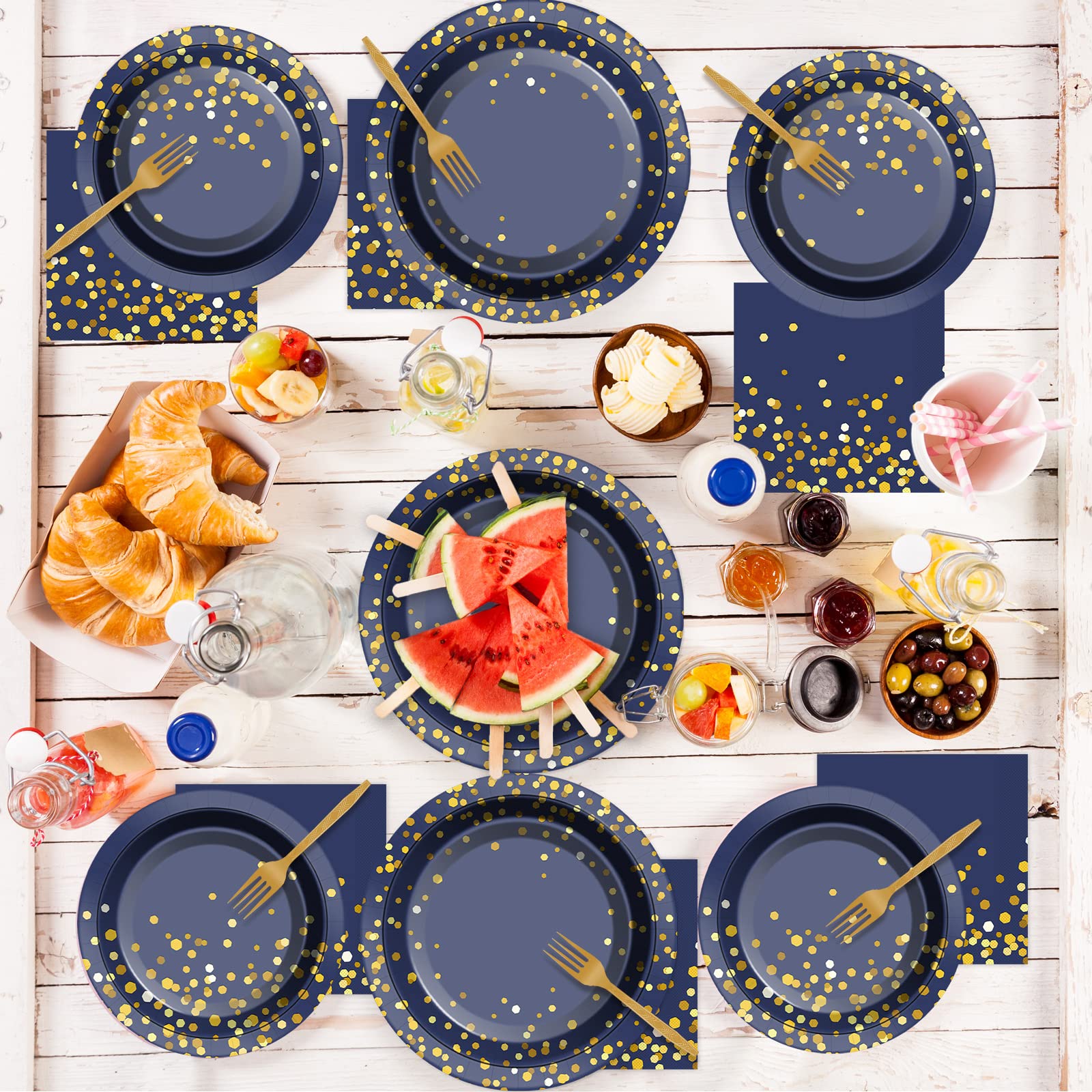 96 Pcs Blue and Gold Party Plates Napkins Tableware Set Navy Gold Dot Supplies Disposable Dinnerware Blue Birthday Party Decoration Favors for Wedding Bridal Baby Shower Graduations Party, 24 Guests