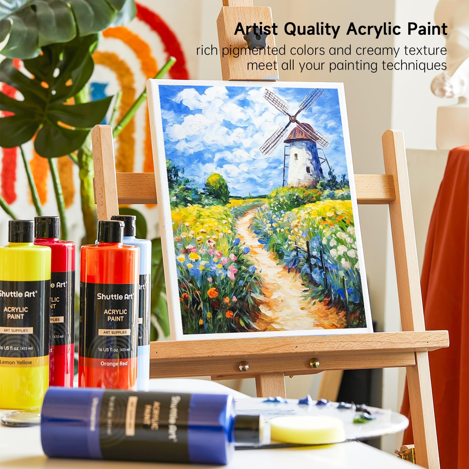 Shuttle Art Acrylic Paint, 12 Colors Acrylic Paint Large Bottle Set, 473ml/16oz Each, Rich Pigments, High Viscosity, Bulk Paint for Artists, Beginners and Kids on Rocks Crafts Canvas Wood Ceramic