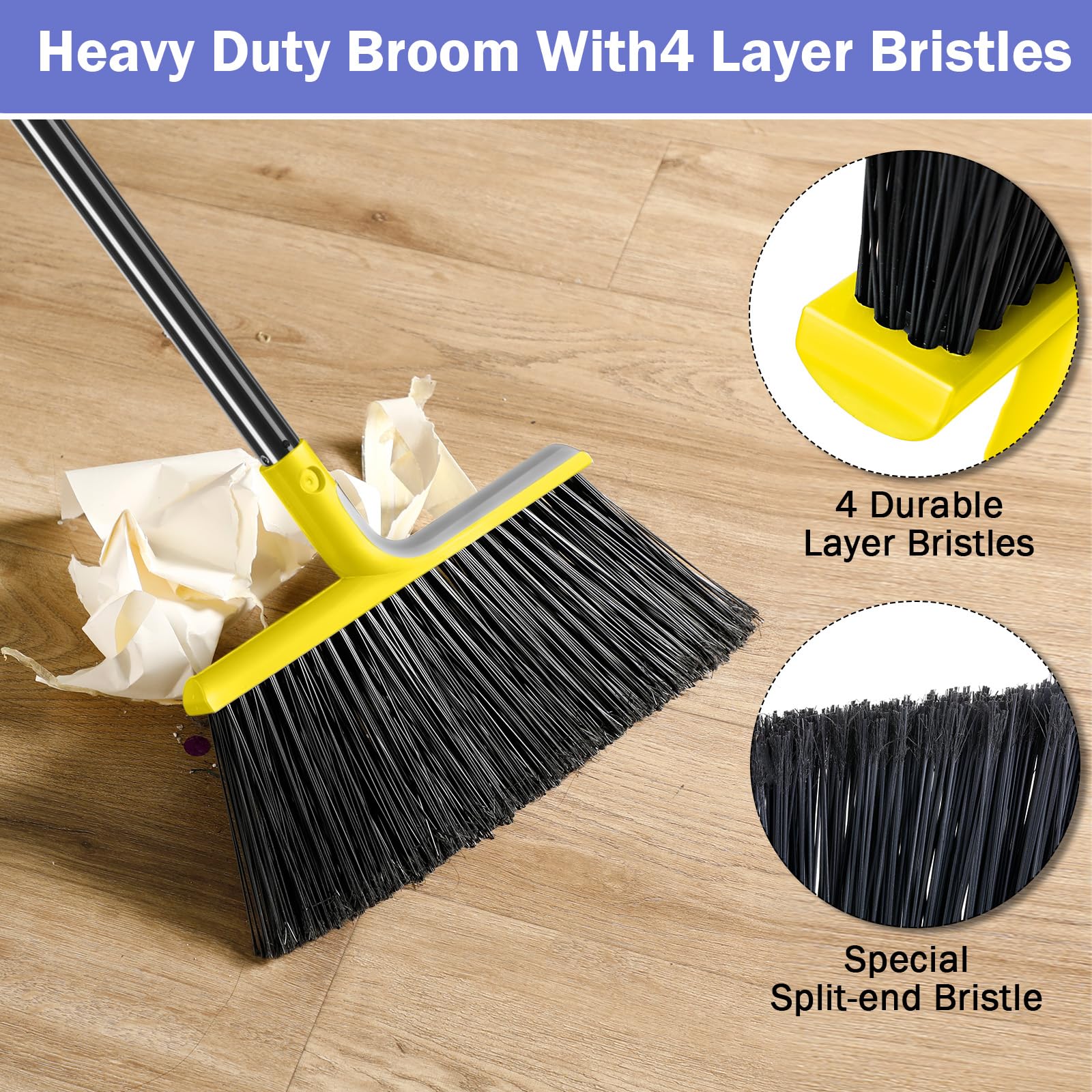 Roshtia 8 Pcs Heavy Duty Broom Set 58 Inch Outdoor Indoor Broom Commercial Stiff Broom with Long Handle Angle Broom Garage Broom Concrete Broom Outside Broom Outdoor Brooms for Sweeping Patio (Yellow)