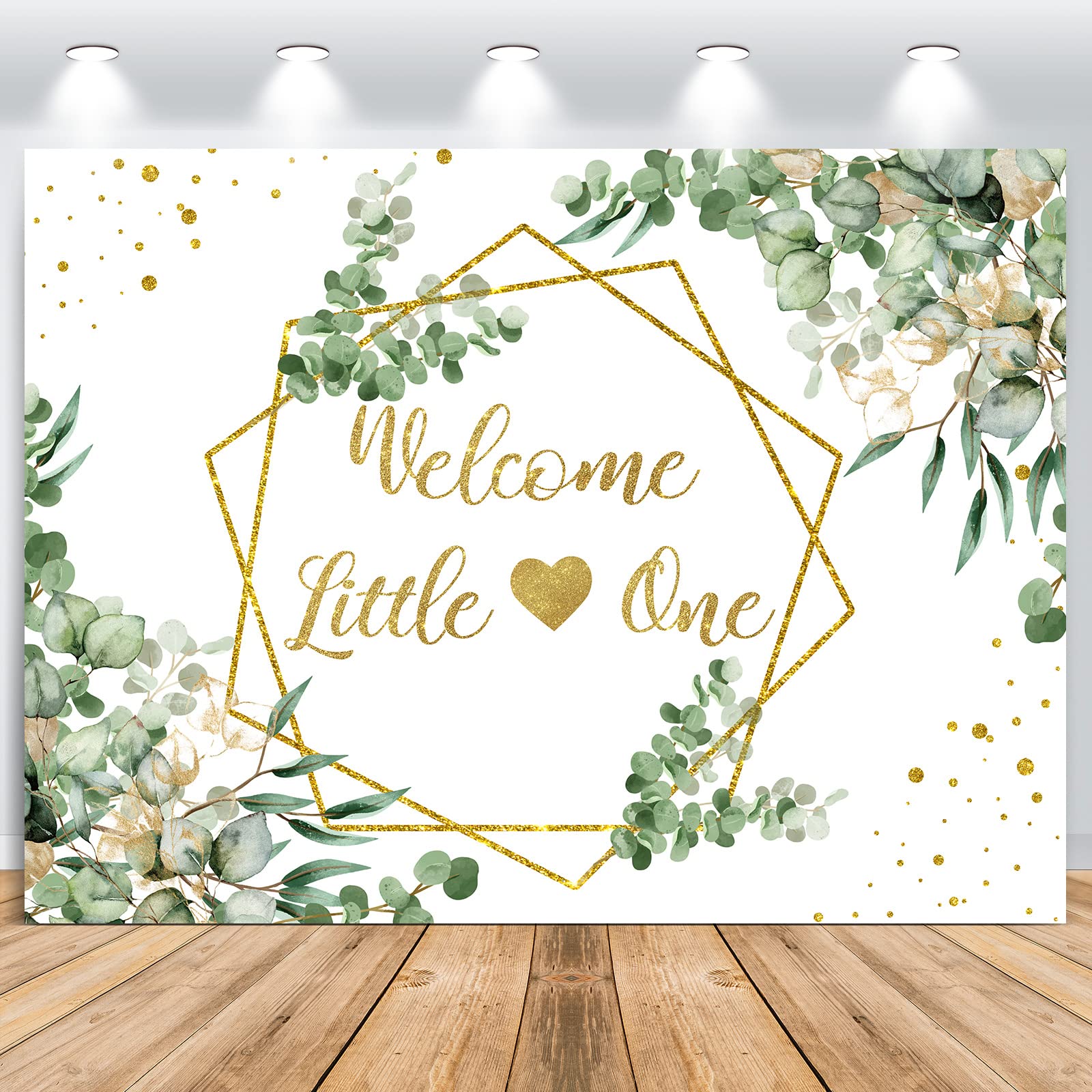 Newwiee 7 x 5 ft Greenery Baby Shower Theme Backdrop for Neutral Welcome Little One Photography Background Glitter Gold Lines Baby Shower Theme Photo Props for Gender Reveal Party