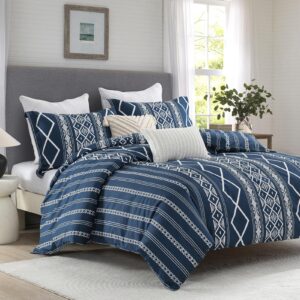 DUOMING Boho Duvet Cover King - 100% Cotton Navy Duvet Cover Set, Navy Blue King Duvet Cover with Zipper Closure & 8 Ties, 3 Piece Bohemian Duvet Cover King Set