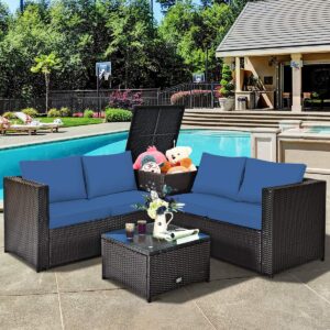 Toolsempire 4-Piece Patio Furniture Set, Navy Blue Rattan, Outdoor Sectional Sofa with Storage Box & Tempered Glass Tabletop, Furniture for Garden, Backyard, Poolside