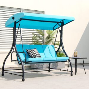 Tangkula 3 Person Porch Swing, 2-in-1 Convertible Patio Swing Bed with Removable Cushions, Solid Steel Structure, Outdoor Swing with Adjustable Canopy for Backyard, Balcony, Poolside (Turquoise)