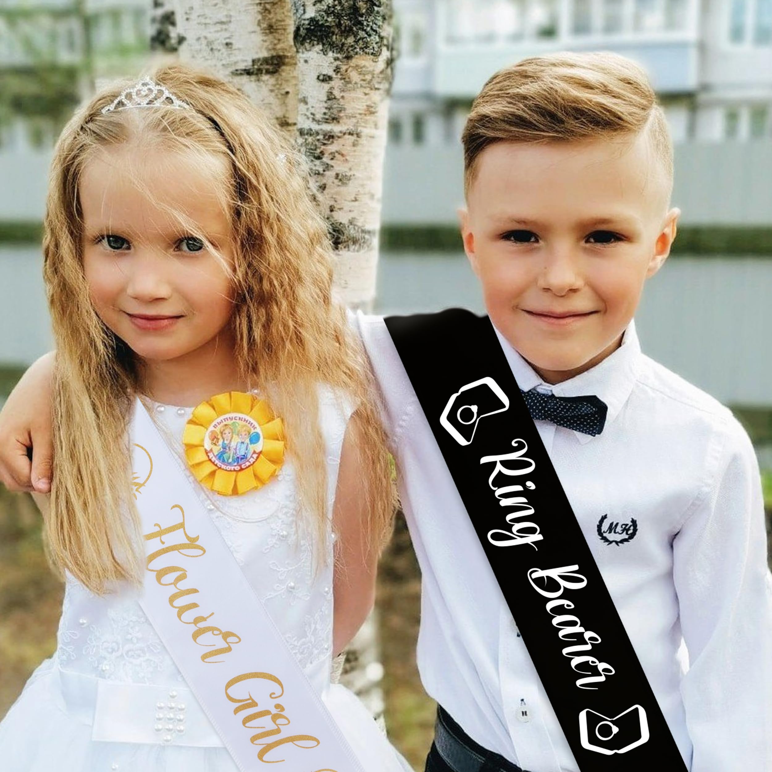 Flower Girl Sash - Cute White & Gold Girls sash for Wedding | Fits ages 1 to 10 years old | Bridal Shower Party Proposal Bridesmaids Set Decorations Supplies Favors Gifts Accessories Gift Favor Decor