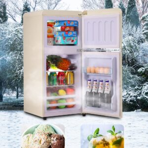 KRIB BLING 3.5 CU.FT Compact Refrigerator 2 Door Mini Fridge with Freezer, Mini Refrigerator with Removable Glass Shelves Small Drink Food Storage Cooler for Office, Dorm, Apartment, Cream