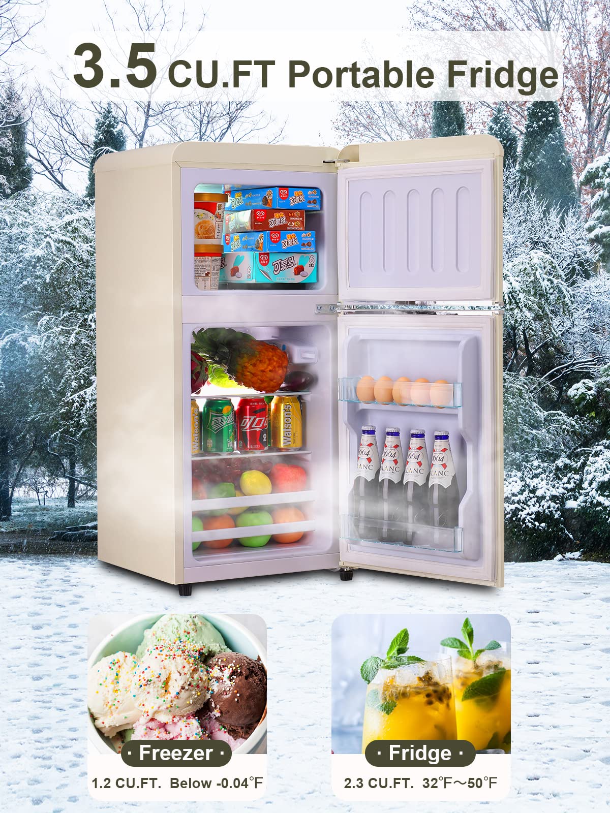 KRIB BLING 3.5 CU.FT Compact Refrigerator 2 Door Mini Fridge with Freezer, Mini Refrigerator with Removable Glass Shelves Small Drink Food Storage Cooler for Office, Dorm, Apartment, Cream