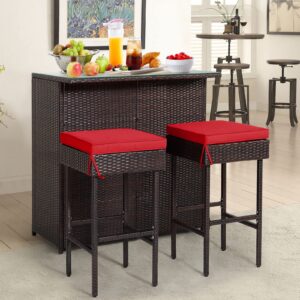 Toolsempire 3 Pieces Patio Bar Set Outdoor Bar Set, Wicker Bar Set with Tempered Glass Table-Top & Two Stools, Outdoor Furniture Bistro Set for Porch, Poolside, Backyard, (Red)