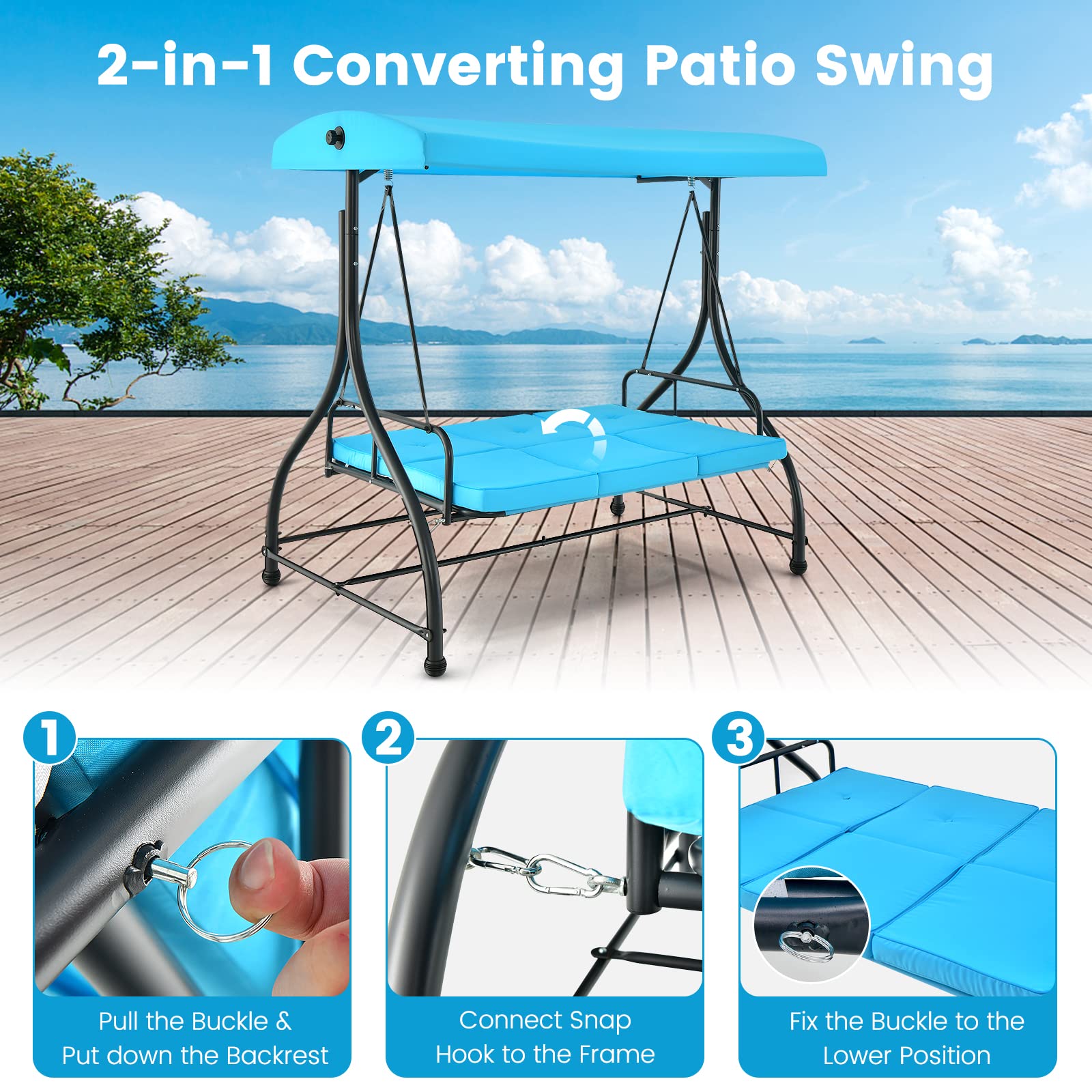 Tangkula 3 Person Porch Swing, 2-in-1 Convertible Patio Swing Bed with Removable Cushions, Solid Steel Structure, Outdoor Swing with Adjustable Canopy for Backyard, Balcony, Poolside (Turquoise)