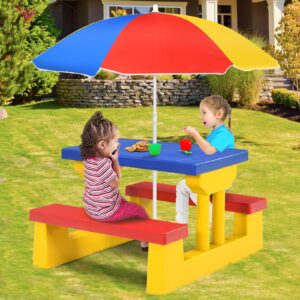 ARMILE Kids Picnic Table, Kids indoor & Outdoor Table and Bench set with Removable & Foldable Umbrella, Portable Toddler Plastic Picnic Table for Patio, Backyard, Ideal Gift for Boys Girls (Colorful)