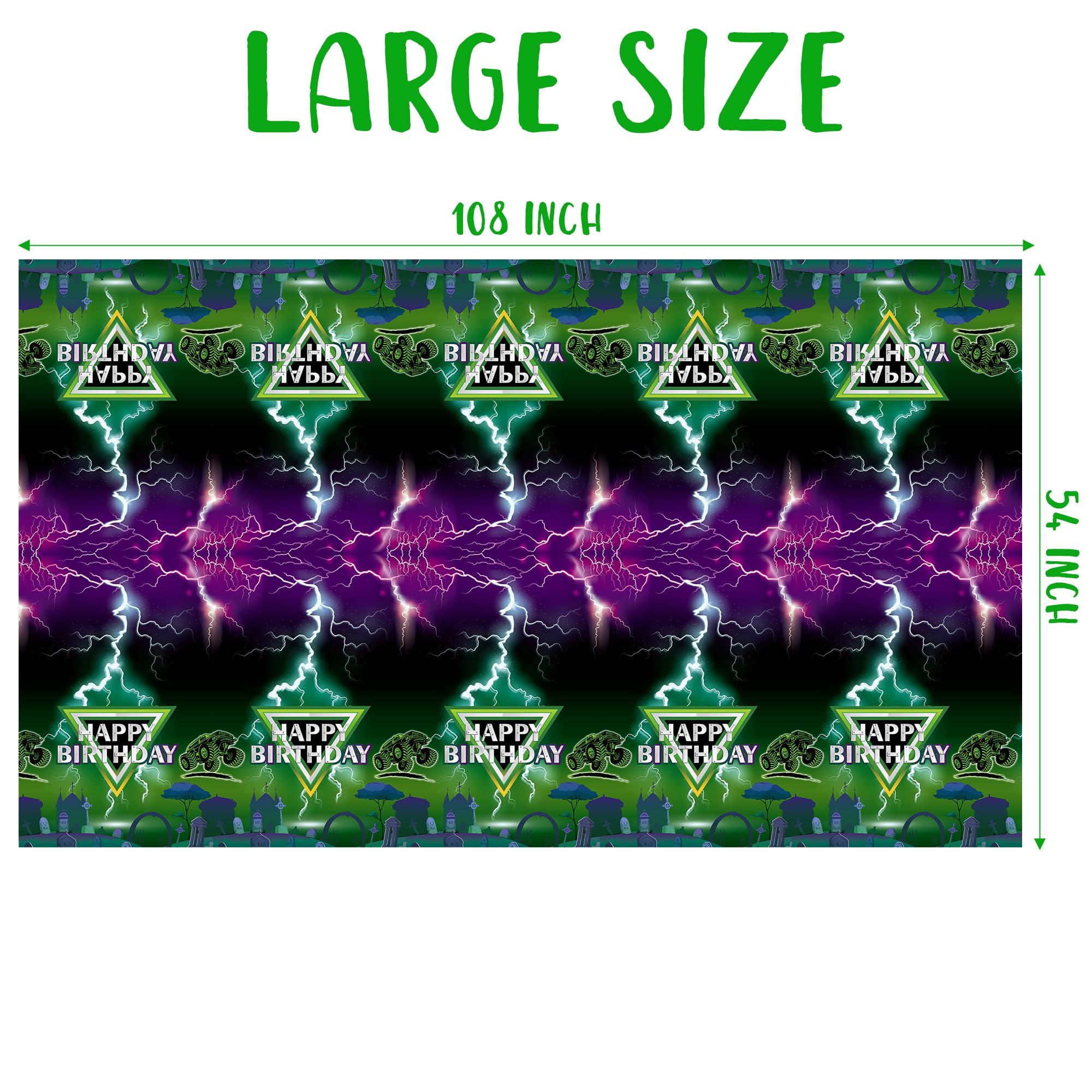 AwserTantue 3 Pack Green and Purple Monster Truck Tablecloths, Monster Truck Happy Birthday Disposable Rectangle Table Cover for Kids Baby Shower Theme Birthday Party Dinner Table Decor,108×54 inches