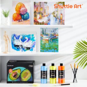 Shuttle Art Acrylic Paint, 12 Colors Acrylic Paint Large Bottle Set, 473ml/16oz Each, Rich Pigments, High Viscosity, Bulk Paint for Artists, Beginners and Kids on Rocks Crafts Canvas Wood Ceramic