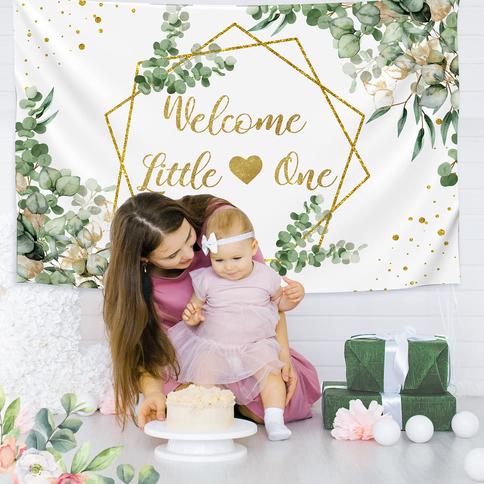 Newwiee 7 x 5 ft Greenery Baby Shower Theme Backdrop for Neutral Welcome Little One Photography Background Glitter Gold Lines Baby Shower Theme Photo Props for Gender Reveal Party