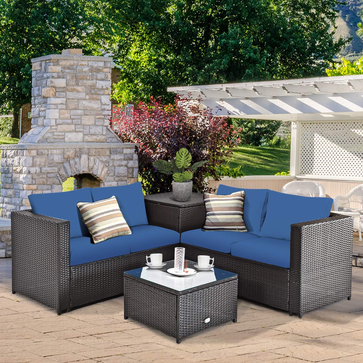 Toolsempire 4-Piece Patio Furniture Set, Navy Blue Rattan, Outdoor Sectional Sofa with Storage Box & Tempered Glass Tabletop, Furniture for Garden, Backyard, Poolside