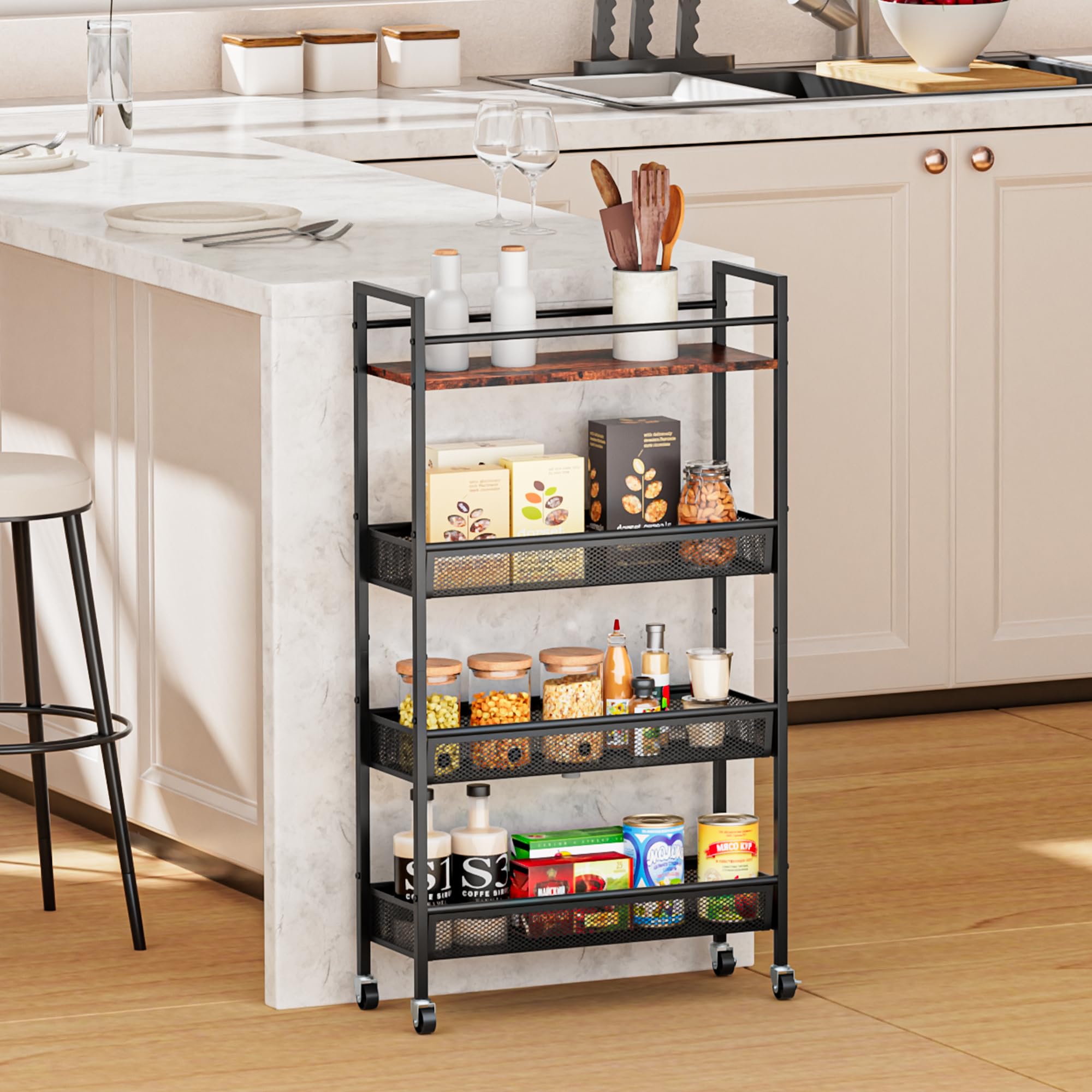 Jsluiiys 4 Tier Slim Storage Cart, 5.9In Slim Kitchen Cart on Wheels for Small Space, Narrow Rolling Cart with Wooden Top Metal Handle and Wire Mesh for Kitchen Bathroom Laundry Room