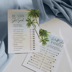 Your Main Event Prints Palm Tree Beach, Wedding Bridal Shower Games Guest Quest, He Said She Said, Would She Rather, How Well Do You Know(Set of 4 Fun Activities for 25 Guests)