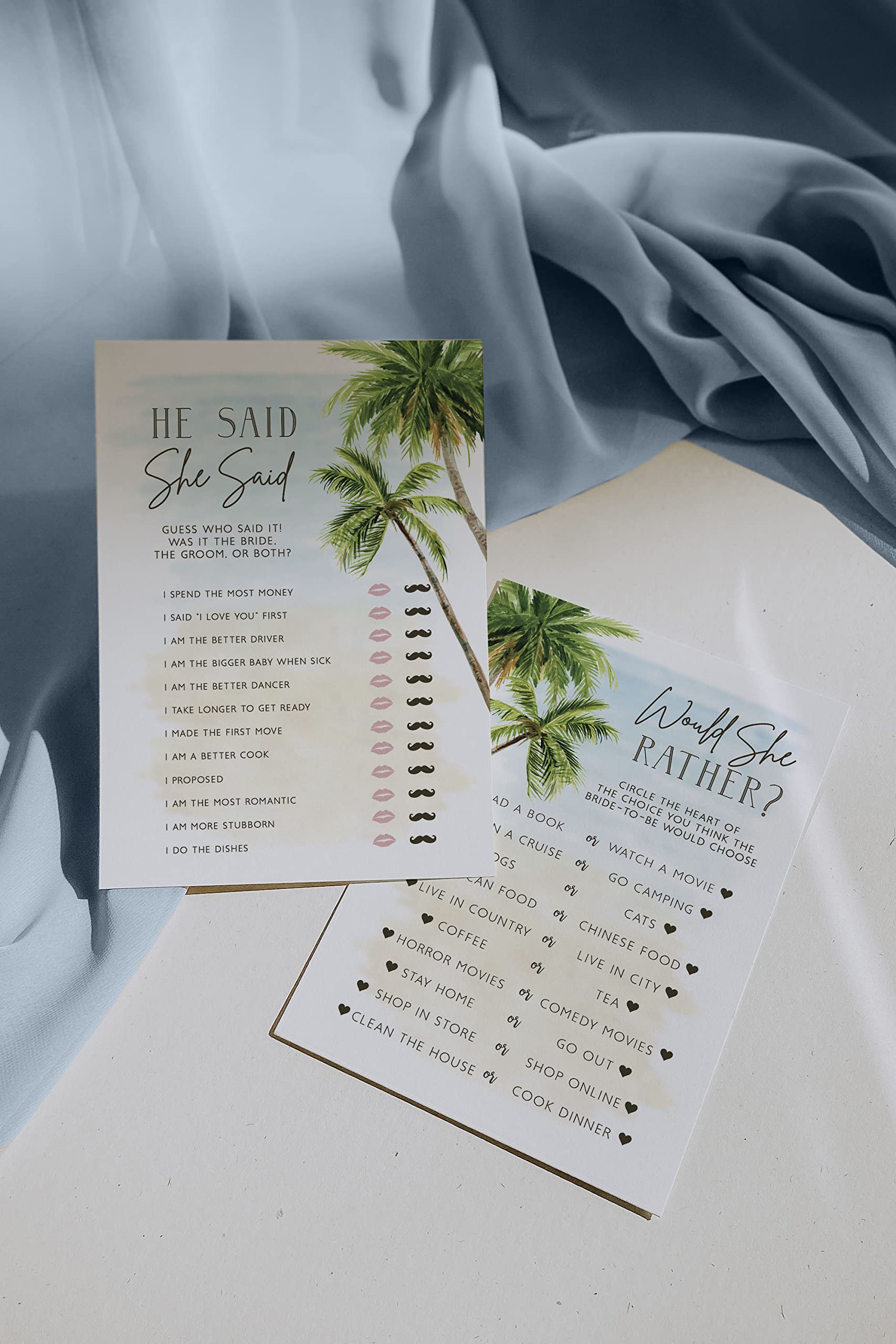 Your Main Event Prints Palm Tree Beach, Wedding Bridal Shower Games Guest Quest, He Said She Said, Would She Rather, How Well Do You Know(Set of 4 Fun Activities for 25 Guests)