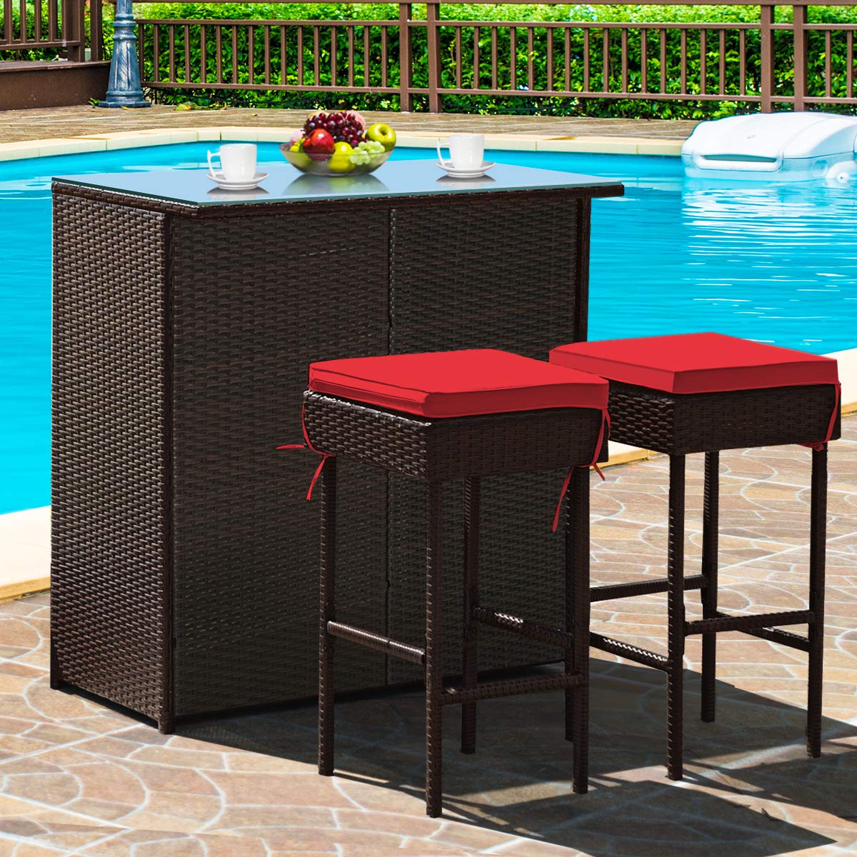 Toolsempire 3 Pieces Patio Bar Set Outdoor Bar Set, Wicker Bar Set with Tempered Glass Table-Top & Two Stools, Outdoor Furniture Bistro Set for Porch, Poolside, Backyard, (Red)