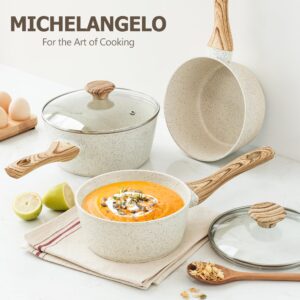 MICHELANGELO Sauce Pan with Lid, Nonstick Saucepans 1.5QT&2QT&3QT, Granite Sauce Pan 3 Piece, Stone Saucepan Set, Small Pot with Lid, Nonstick Sauce Pot Set, White