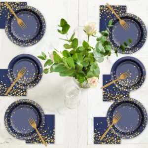 96 Pcs Blue and Gold Party Plates Napkins Tableware Set Navy Gold Dot Supplies Disposable Dinnerware Blue Birthday Party Decoration Favors for Wedding Bridal Baby Shower Graduations Party, 24 Guests