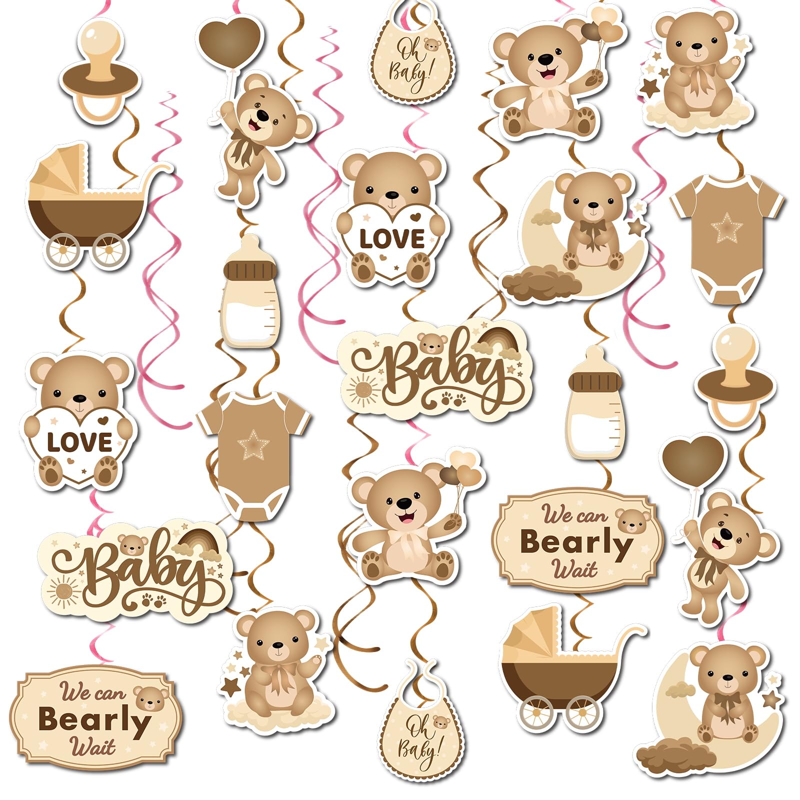 54Pcs Neutral Bear Baby Shower Party Hanging Swirls Cream Bear We Can Bearly Wait Nude Teddy Foil Ceiling Swirls Decor Boho Brown Bear Kids Birthday Gender Reveal Wedding Bridal Shower Party Supplies