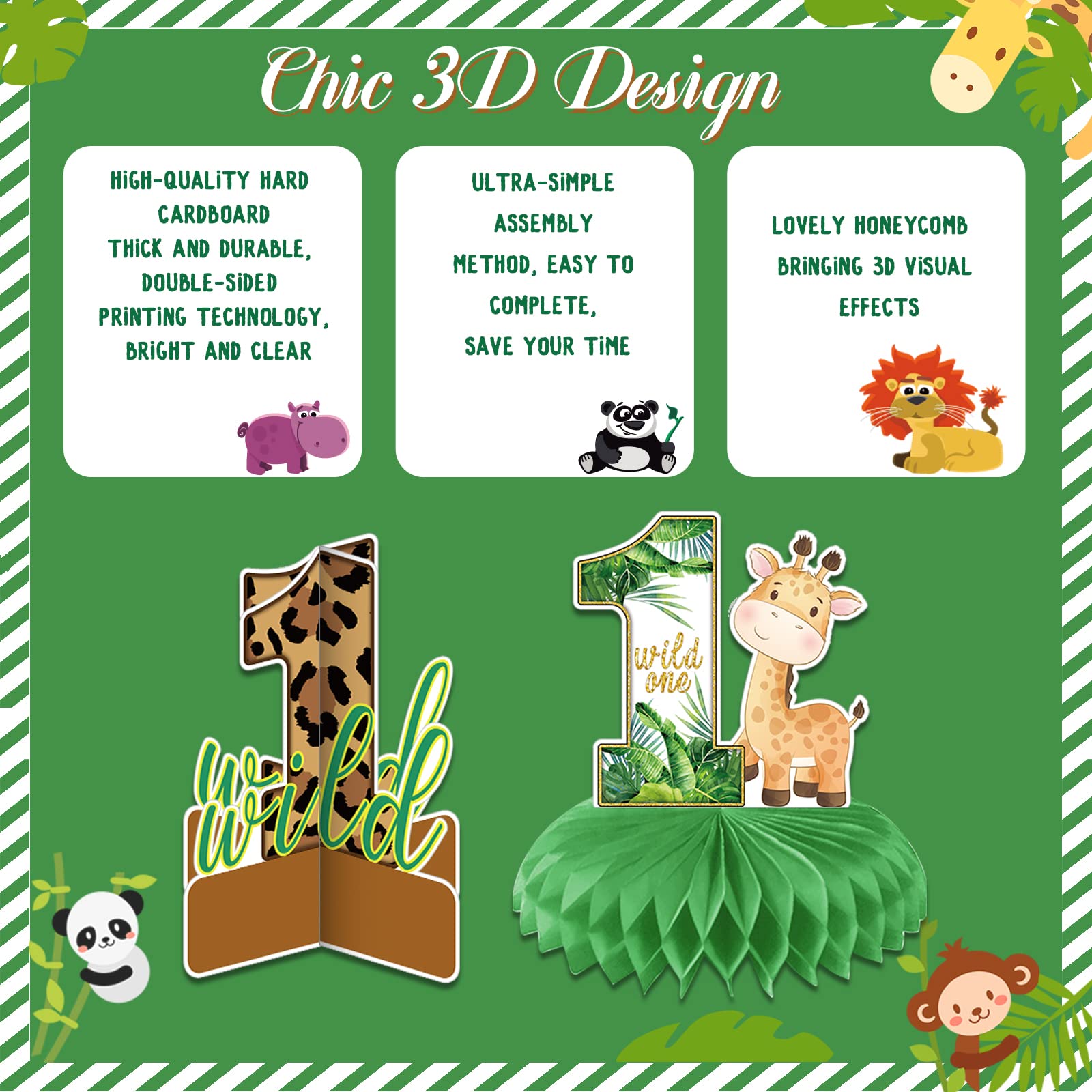 10 PCS Wild One Honeycomb Centerpieces Birthday Decorations for Boys and Girls Safari Centerpieces for Tables 3D Double Side Baby Shower Jungle Animals Party Decorations