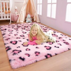 benron pink leopard rugs, soft bedroom rugs 4x6, fluffy living room rugs, girls room decor cheetah print, small rugs for dorm apartment foyer entryway