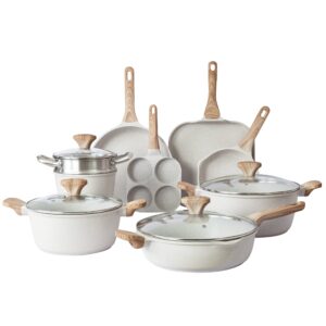 country kitchen non-stick cast aluminum cookware set - durable kitchen cookware for everyday cooking, cream, 13 pc.