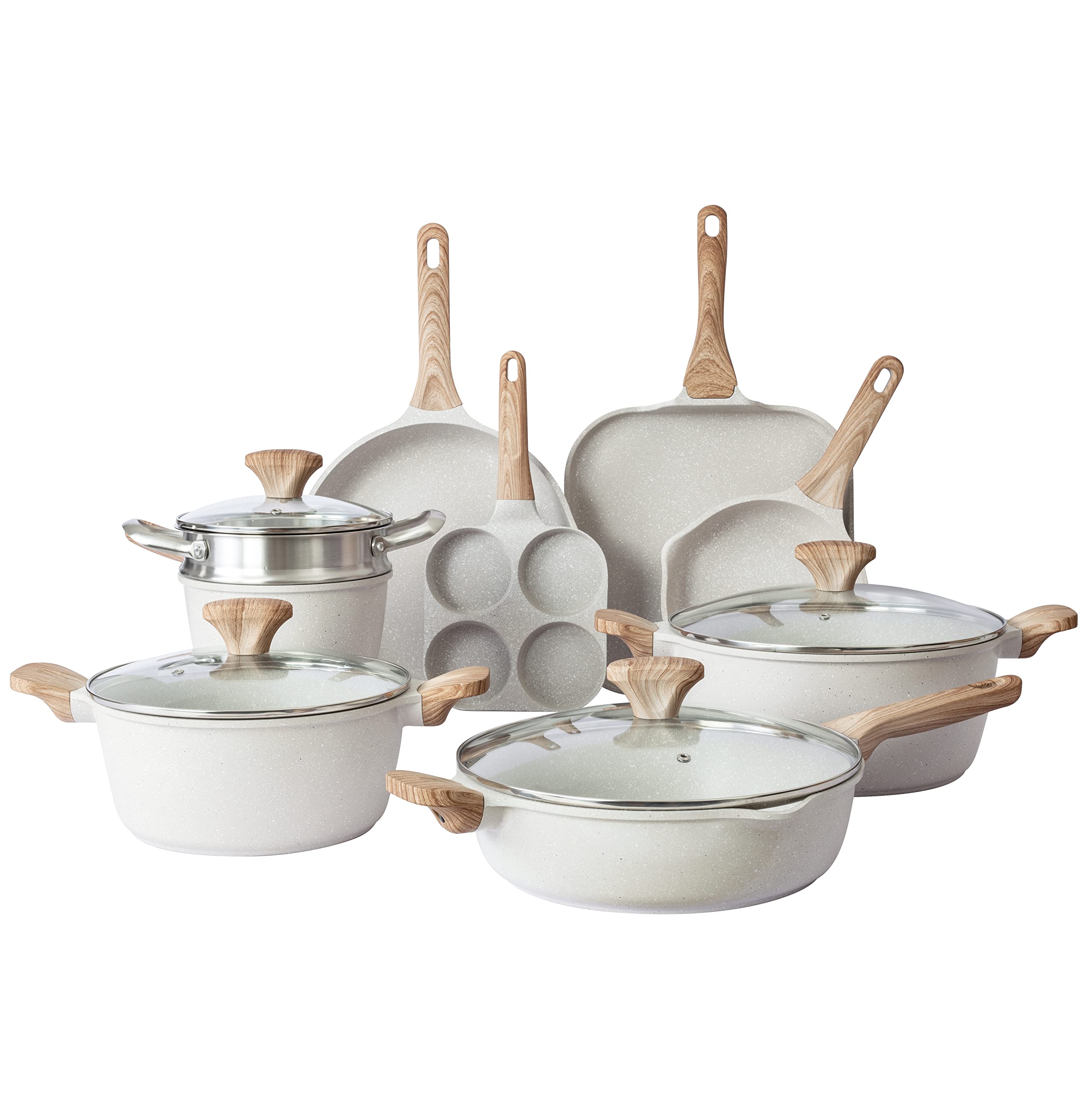 Country Kitchen Non-Stick Cast Aluminum Cookware Set - Durable Kitchen Cookware for Everyday Cooking, Cream, 13 Pc.