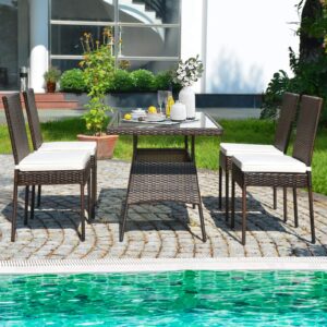 Toolsempire 5 Pieces Patio Wicker Dining Set Outdoor Furniture, Outdoor Rattan Table and Chairs with Tempered Glass Table-top & Padded Cushions, Patio Furniture Sets for Backyard, Balcony(Brown)