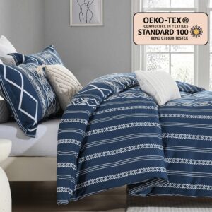 DUOMING Boho Duvet Cover King - 100% Cotton Navy Duvet Cover Set, Navy Blue King Duvet Cover with Zipper Closure & 8 Ties, 3 Piece Bohemian Duvet Cover King Set