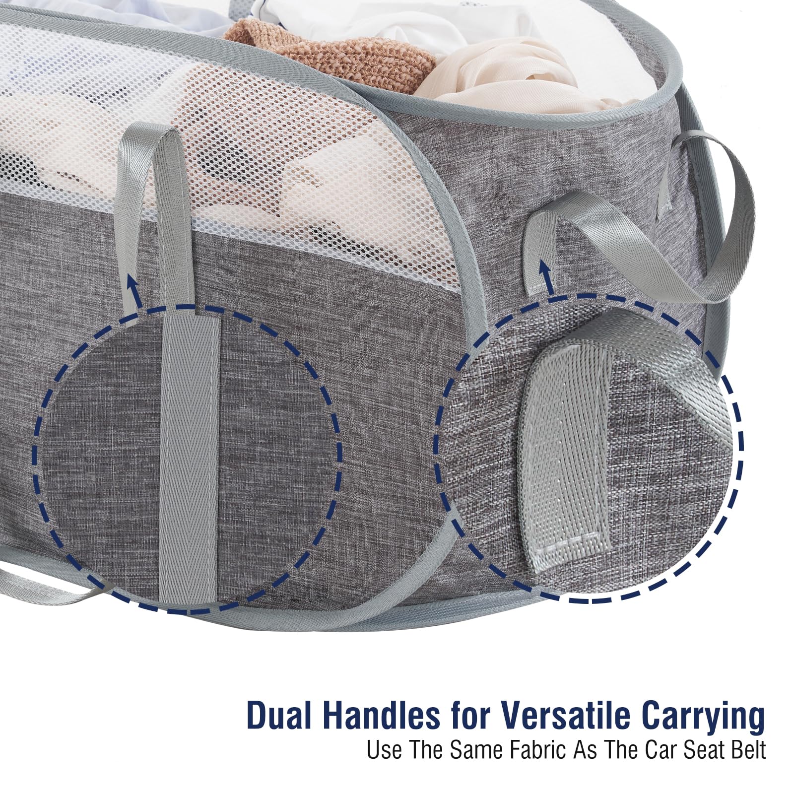 TECHMILLY Collapsible Laundry Basket, Foldable Tear Proof Mesh Pop Up Hamper with Reinforced Carry Handles for Laundry, Bathroom, Dorm or Travel (Grey)