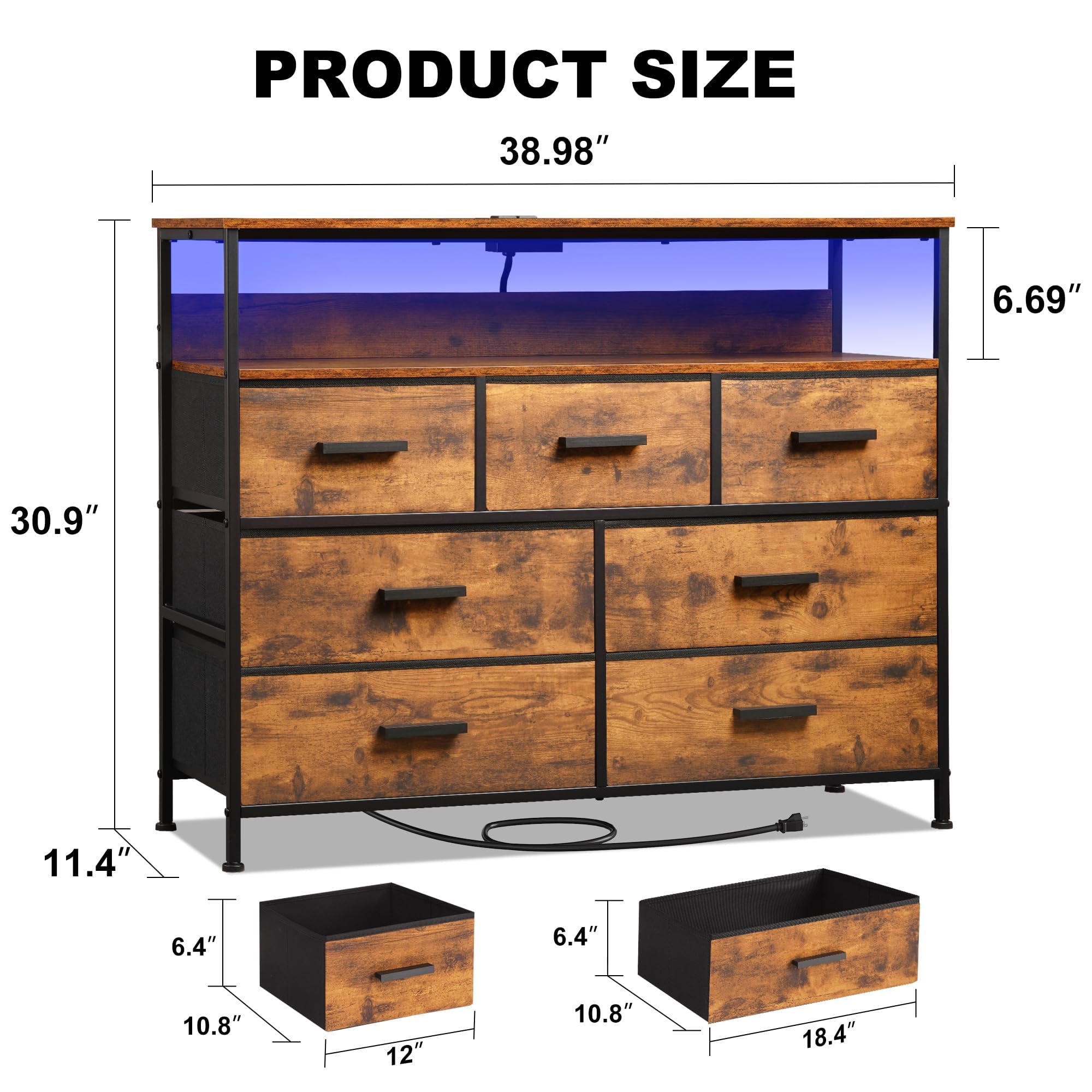 NASHZEN Dresser TV Stand, 7 Drawer Bedroom Dresser with Power Outlets & LED Lights, Wide Fabric Dresser with Open Shelf, for TV Up to 45’’, Caramel Brown