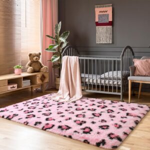 BENRON Pink Leopard Rugs, Soft Bedroom Rugs 4x6, Fluffy Living Room Rugs, Girls Room Decor Cheetah Print, Small Rugs for Dorm Apartment Foyer Entryway