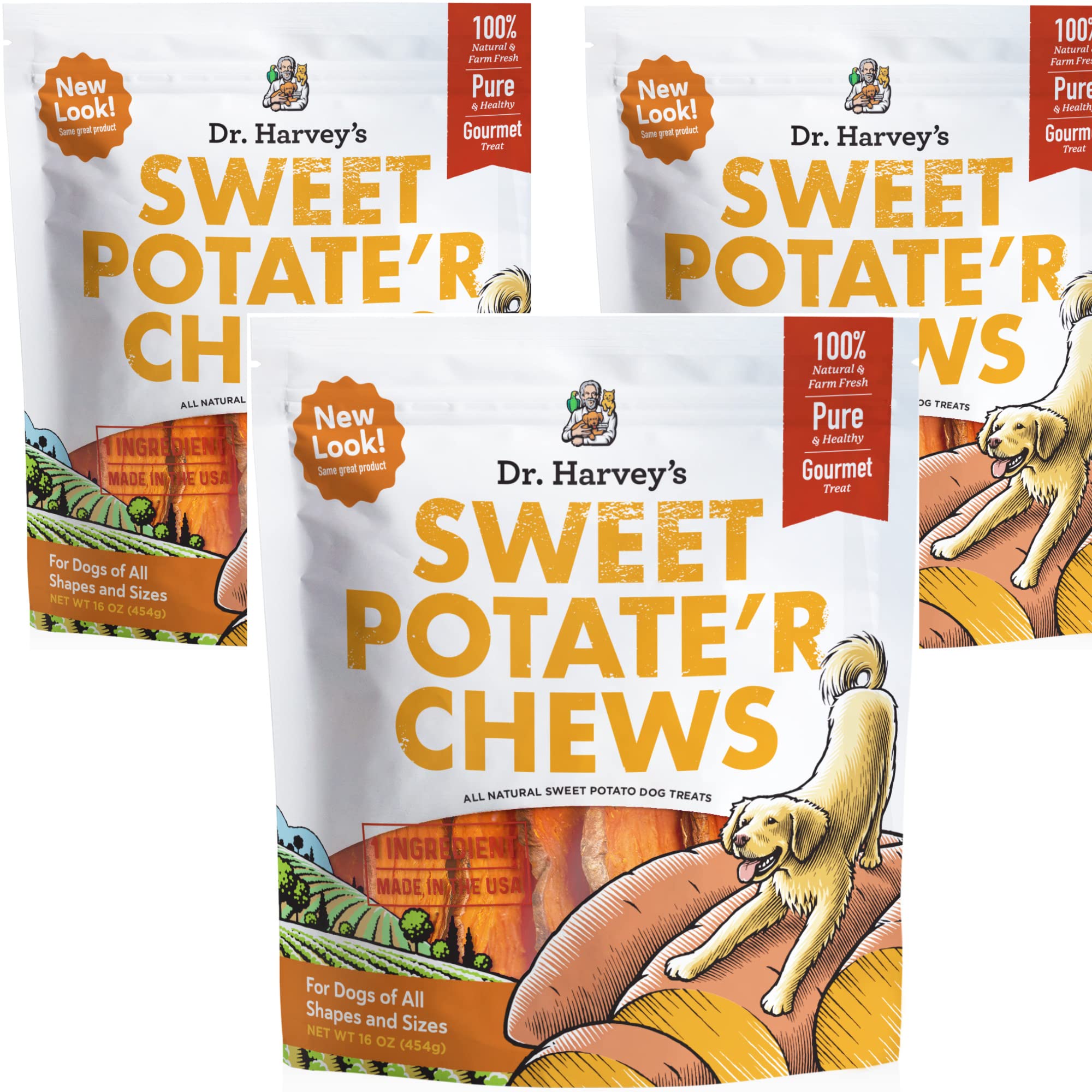 Dr. Harvey's Sweet Potato Chews for Dogs, Dog Treats for Small, Medium, Large Dogs, Natural Dog Snacks for Training, Healthy Teeth, Preventing Bad Breath, and Aggressive Chewers, USA Grown (3 Pack)