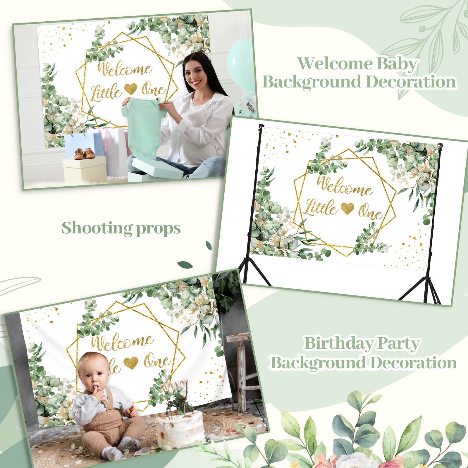 Newwiee 7 x 5 ft Greenery Baby Shower Theme Backdrop for Neutral Welcome Little One Photography Background Glitter Gold Lines Baby Shower Theme Photo Props for Gender Reveal Party