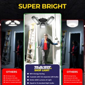 Triburst LED Shop Lights for Workshop, 4000 Lumens Super Bright Garage Lighting, LED Garage Lights, LED Shop Light, Ceiling Light with 3 Light Panels, Linkable, Plugs into Outlet, Easy to Install