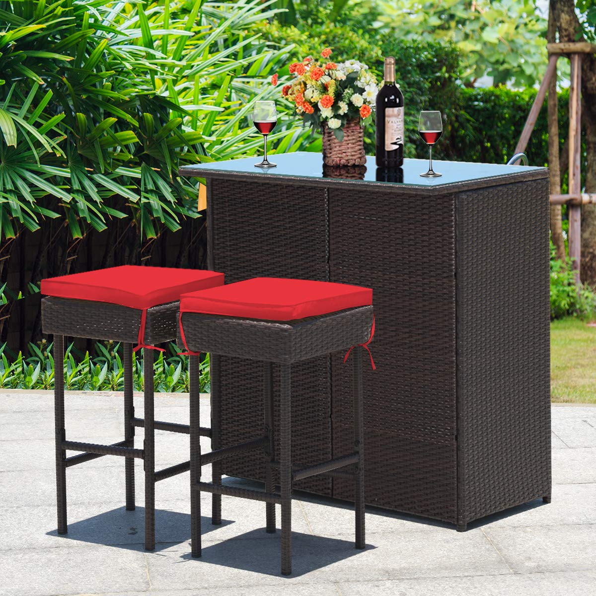 Toolsempire 3 Pieces Patio Bar Set Outdoor Bar Set, Wicker Bar Set with Tempered Glass Table-Top & Two Stools, Outdoor Furniture Bistro Set for Porch, Poolside, Backyard, (Red)