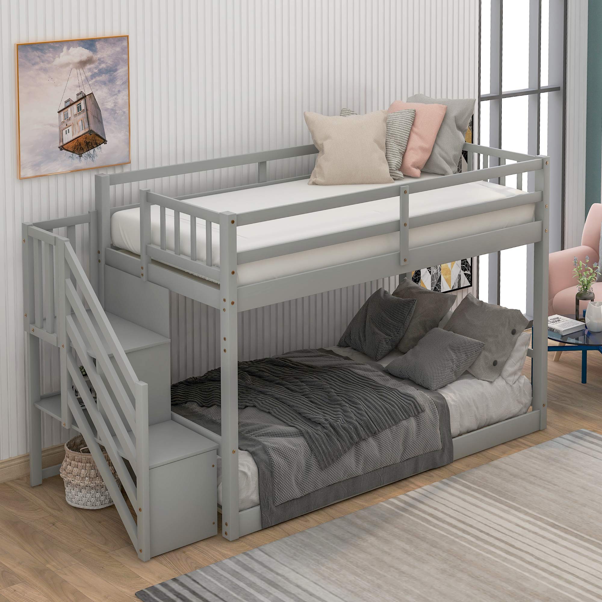 Harper & Bright Designs Low Bunk Beds for Kids, Wood Twin Over Twin Bunk Bed with Stairs,Floor Bunk Beds with Storage Shelf for Girls Boys,Grey