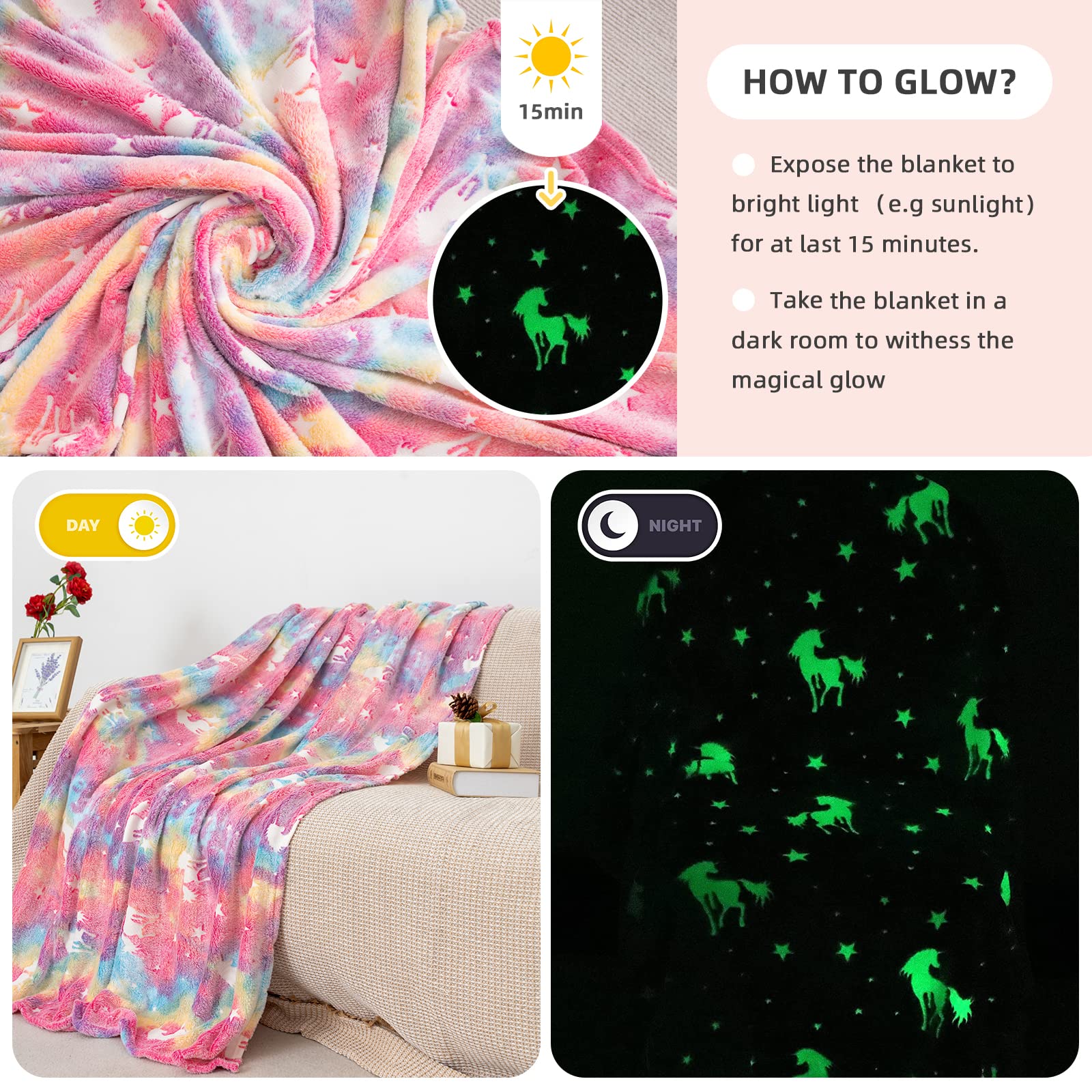 GOSALISU Glow in The Dark Blanket Unicorns, 50 x60 inch Luminous Blanket for 3 4 5 6 7 8 9 10 Year Old Girl Boy Gifts, Flannel Kids Throw Blanket for Christmas Birthday