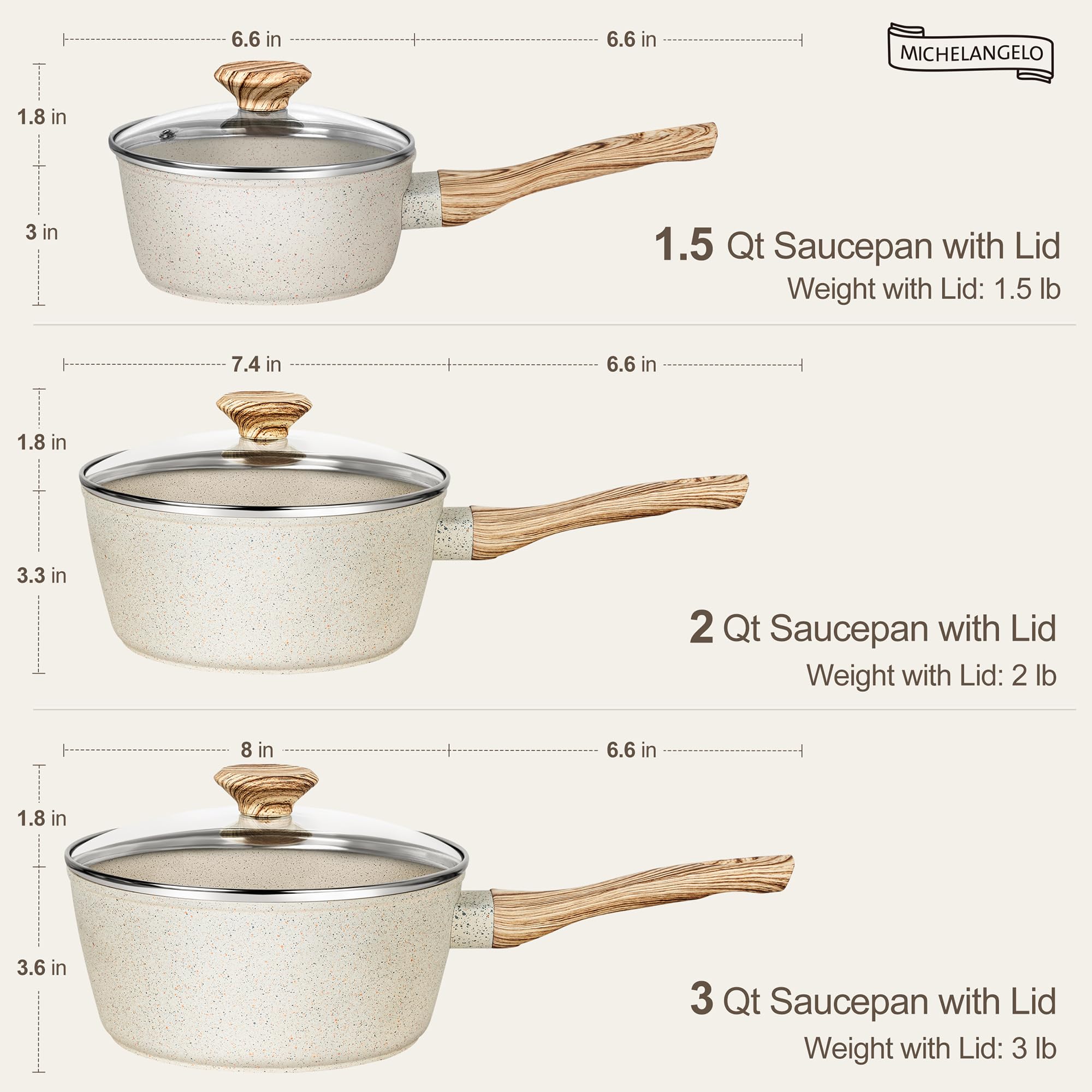 MICHELANGELO Sauce Pan with Lid, Nonstick Saucepans 1.5QT&2QT&3QT, Granite Sauce Pan 3 Piece, Stone Saucepan Set, Small Pot with Lid, Nonstick Sauce Pot Set, White