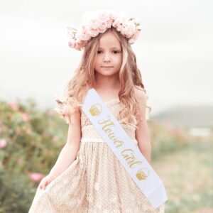 Flower Girl Sash - Cute White & Gold Girls sash for Wedding | Fits ages 1 to 10 years old | Bridal Shower Party Proposal Bridesmaids Set Decorations Supplies Favors Gifts Accessories Gift Favor Decor