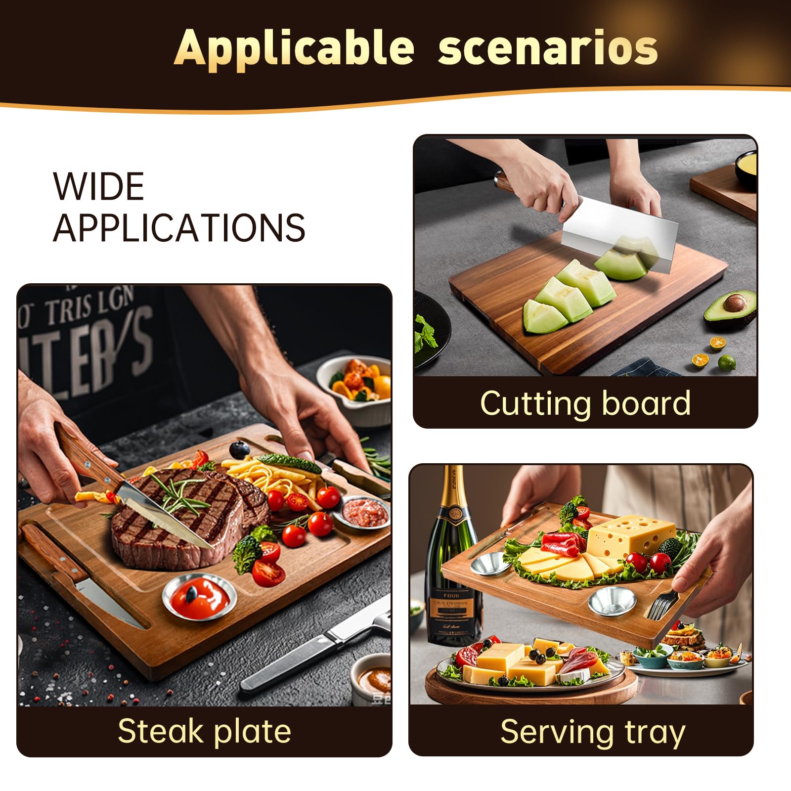 MAVOTER 2 PCS Acacia Wooden Steak Board - 15 Inches Steak Cutting Plate Board with Fork, Knife and Ramekins (2 set)