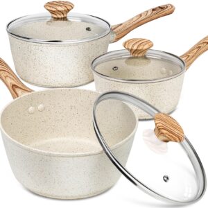 MICHELANGELO Sauce Pan with Lid, Nonstick Saucepans 1.5QT&2QT&3QT, Granite Sauce Pan 3 Piece, Stone Saucepan Set, Small Pot with Lid, Nonstick Sauce Pot Set, White