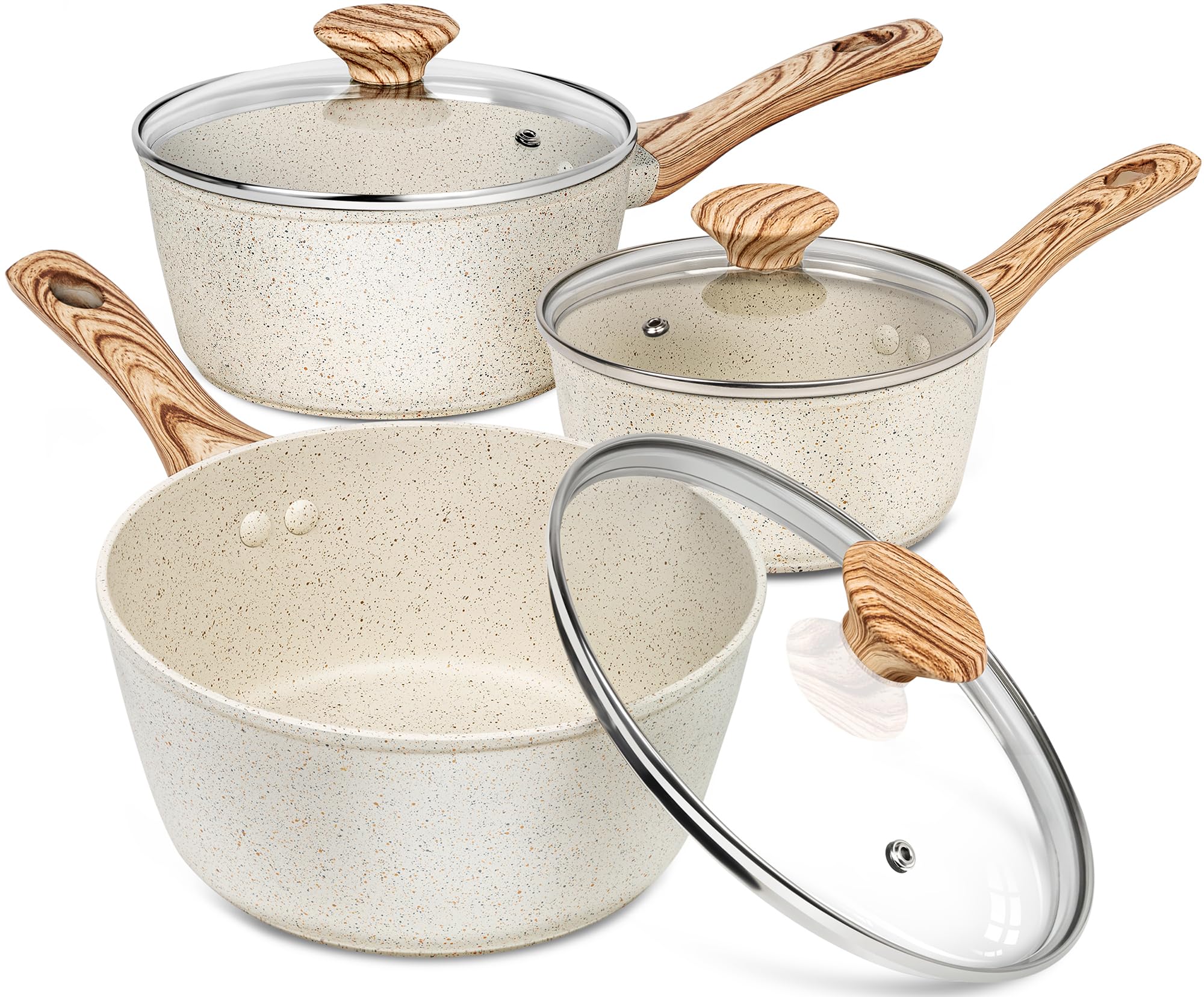 MICHELANGELO Sauce Pan with Lid, Nonstick Saucepans 1.5QT&2QT&3QT, Granite Sauce Pan 3 Piece, Stone Saucepan Set, Small Pot with Lid, Nonstick Sauce Pot Set, White