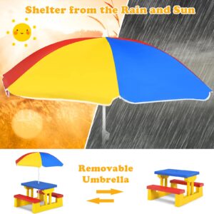 ARMILE Kids Picnic Table, Kids indoor & Outdoor Table and Bench set with Removable & Foldable Umbrella, Portable Toddler Plastic Picnic Table for Patio, Backyard, Ideal Gift for Boys Girls (Colorful)