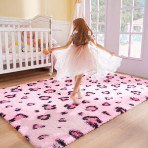 BENRON Pink Leopard Rugs, Soft Bedroom Rugs 4x6, Fluffy Living Room Rugs, Girls Room Decor Cheetah Print, Small Rugs for Dorm Apartment Foyer Entryway