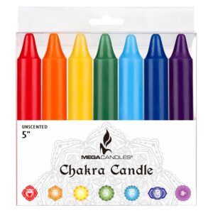 Mega Candles 14 pcs Unscented Chakra Straight Taper Candle, Hand Poured Premium Wax Candles 5 Inch x 3/4 Inch, Cotton Wick, Promotes Positive Energy, Aids Meditation, Relaxation & More