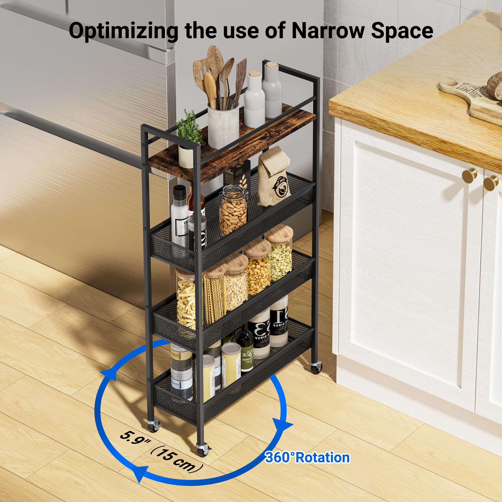 Jsluiiys 4 Tier Slim Storage Cart, 5.9In Slim Kitchen Cart on Wheels for Small Space, Narrow Rolling Cart with Wooden Top Metal Handle and Wire Mesh for Kitchen Bathroom Laundry Room