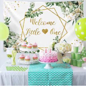 Newwiee 7 x 5 ft Greenery Baby Shower Theme Backdrop for Neutral Welcome Little One Photography Background Glitter Gold Lines Baby Shower Theme Photo Props for Gender Reveal Party