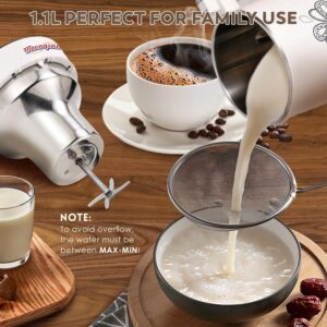 Moongiantgo Automatic Soy Milk Maker 37.2oz 1100ml, 8 in 1 Nut Milk Maker with Self-Cleaning/Boil Water/Recipe, Homemade Almond Milk Machine, Oat Milk, Plant Based Milk, Juice Beverages Maker, 110V